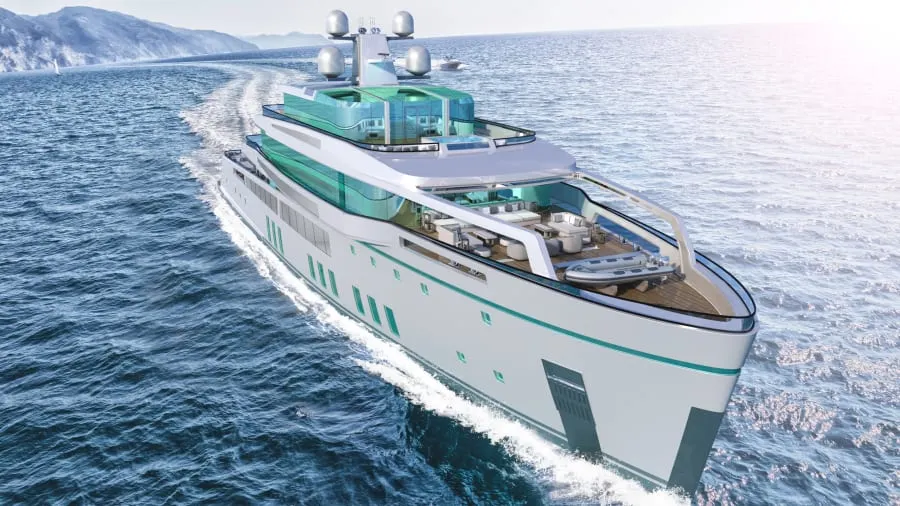 Conceptul de superyacht cu piscină infinită și cinema în aer liber